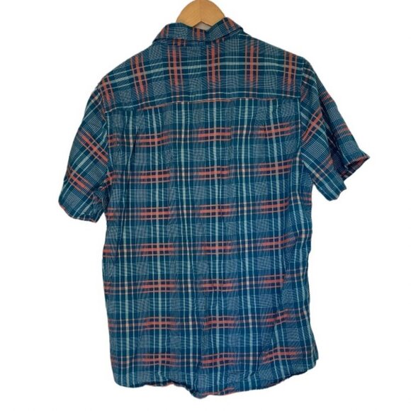 TOAD & Co 100% Organic Cotton Short Sleeve Button Up Plaid Shirt Blue/Orange Med - Picture 2 of 6